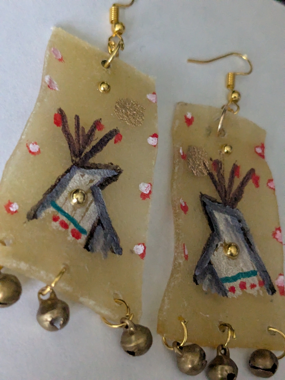 Indigenous Hand-Painted Teepee Rawhide Parfleche Dangle Earrings With Jingles - Picture 4 of 10